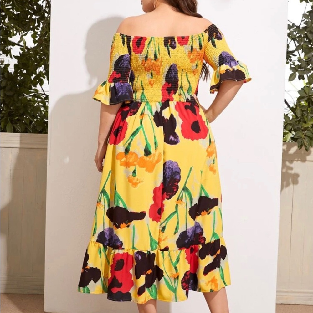 Plus Floral Print Shirred Bardot Dress